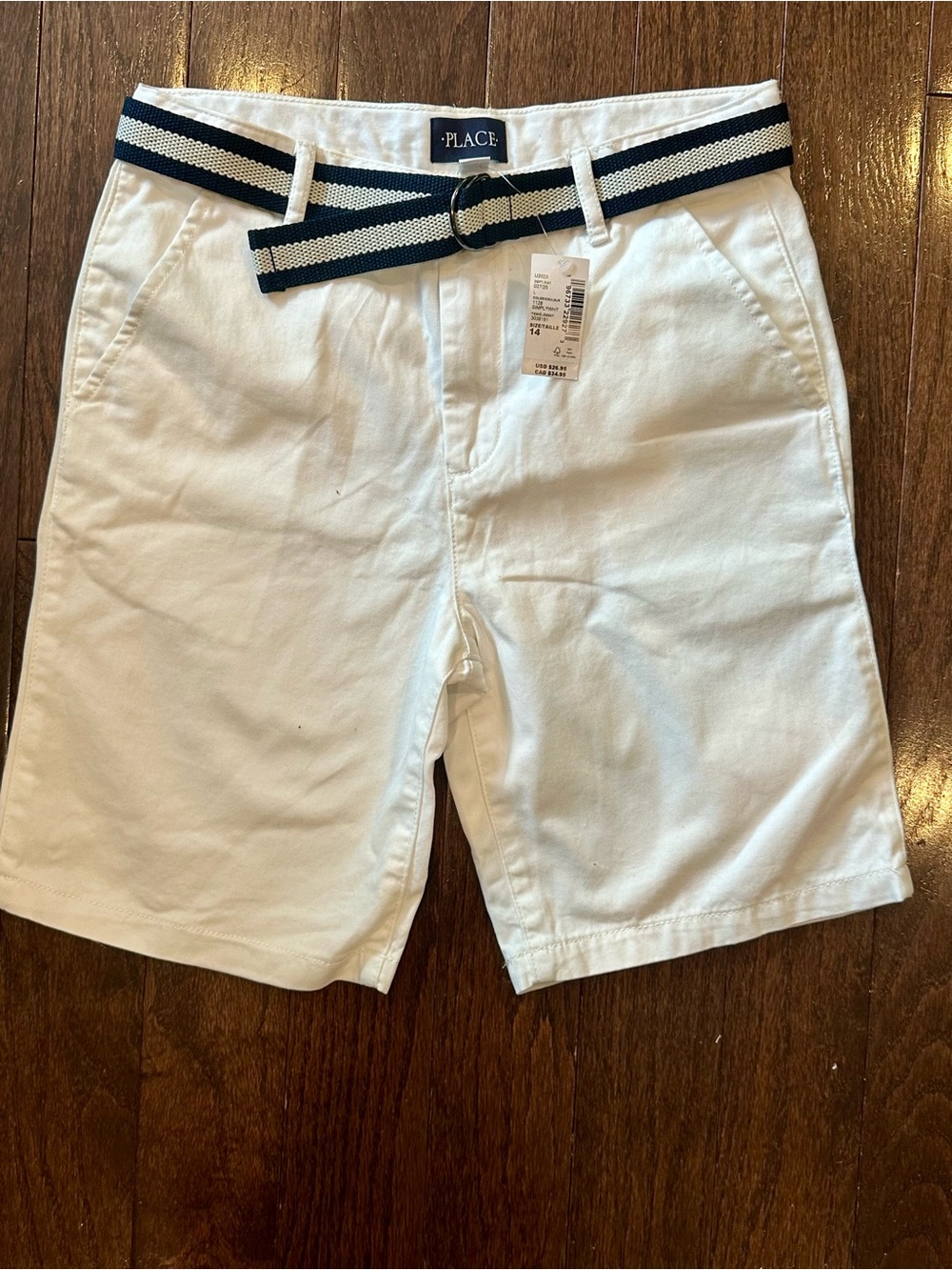 NWT The Children’s Place White Chino Shorts w/ Navy Stripe Belt | Boys Size 14